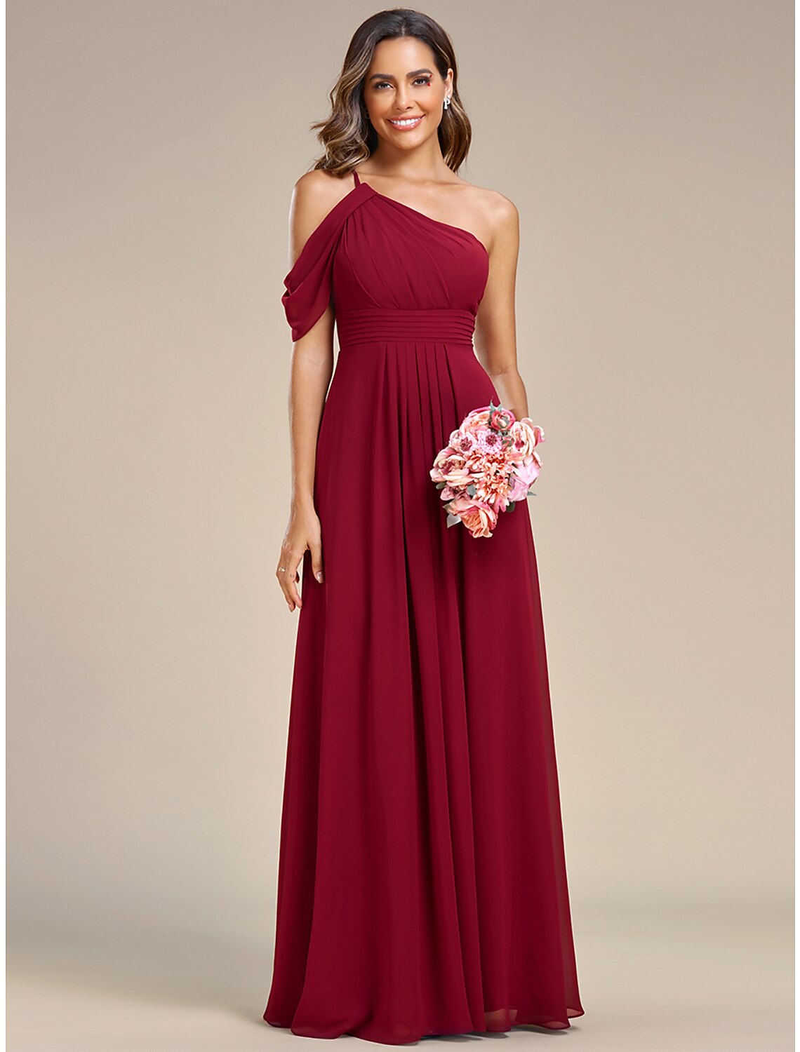 A-Line Wedding Guest Dresses Elegant Dress Formal Floor Length Sleeveless One Shoulder Chiffon with Ruched Slit