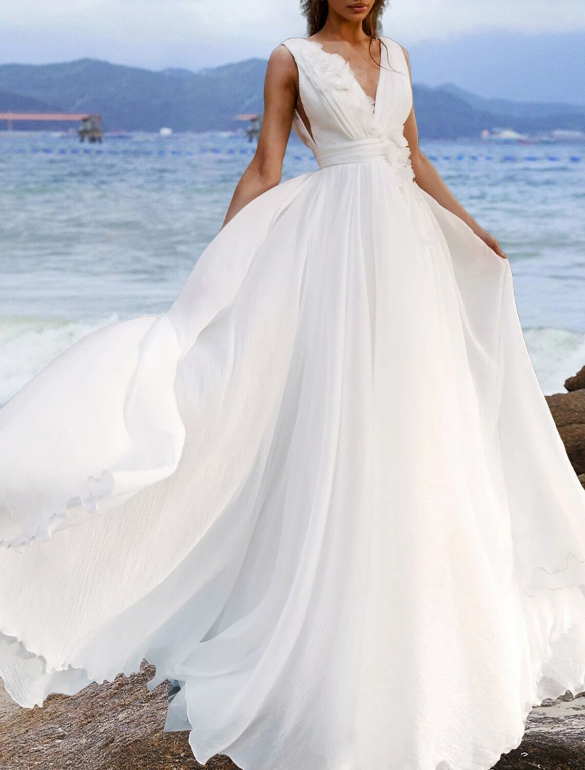 Beach Boho Wedding Dresses A-Line V Neck Sleeveless Court Train Chiffon Bridal Gowns With Solid Color