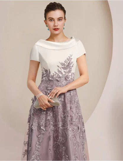 A-Line Mother of the Bride Dress Formal Wedding Guest Elegant Scoop Neck Tea Length Satin Lace Short Sleeve with Sequin Appliques Color Block