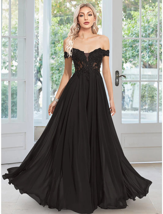 A-Line Evening Gown Floral Dress Prom Semi Formal Floor Length Sleeveless Off Shoulder Chiffon with Applique