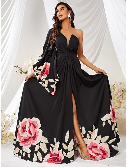 A-Line Wedding Guest Dresses Floral Dress Formal Evening Party Court Train Long Sleeve One Shoulder Chiffon with Slit Print