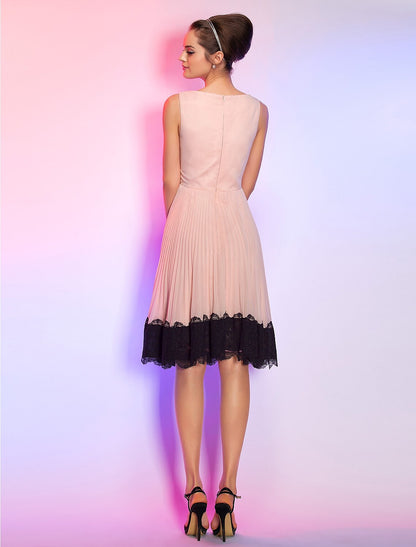 A-Line Cute Dress Homecoming Knee Length Sleeveless Boat Neck Pink Dress Chiffon with Lace Insert