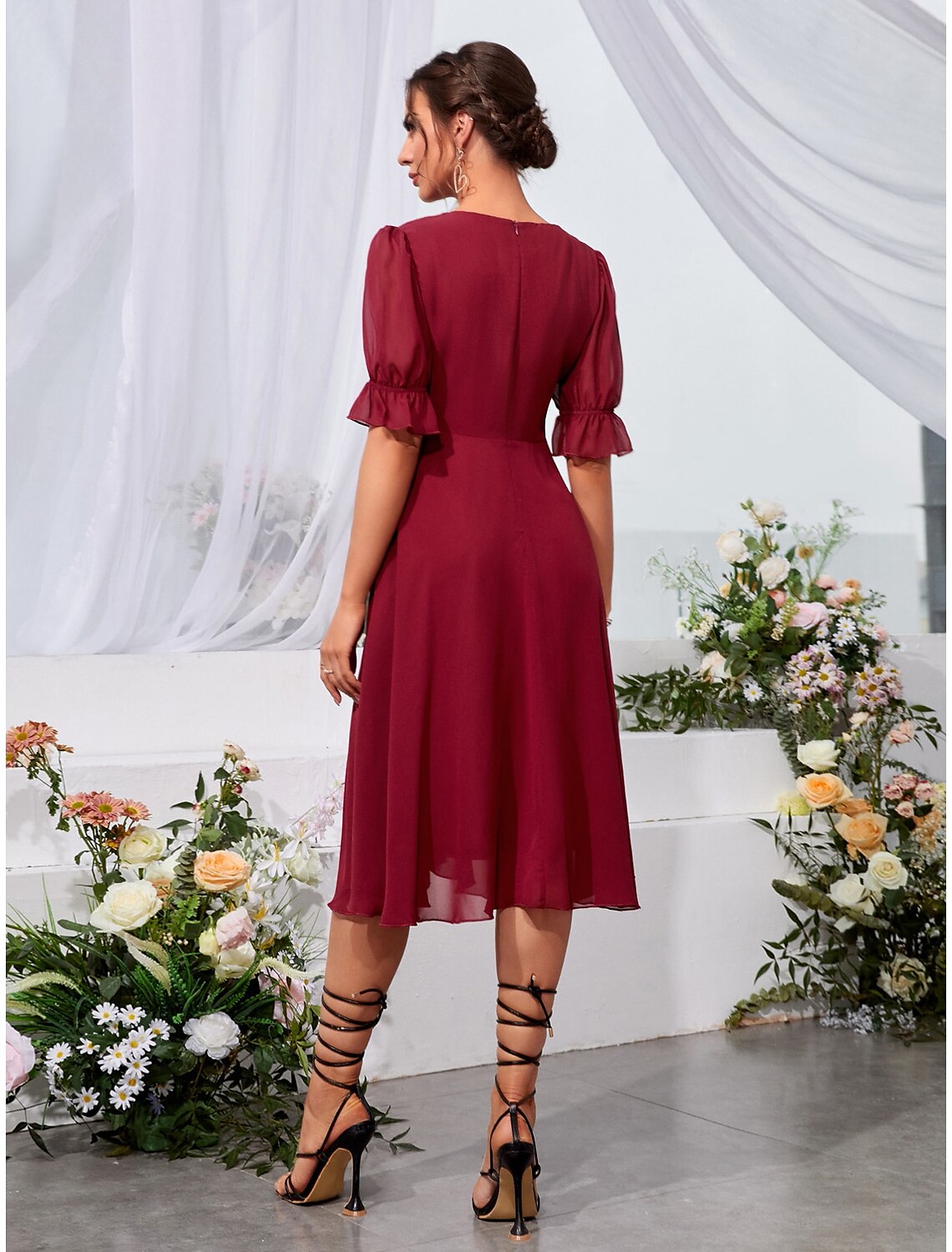 A-Line Wedding Guest Dresses Elegant Dress Holiday Tea Length Half Sleeve Jewel Neck Chiffon with Fringe