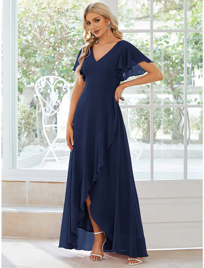 A-Line Wedding Guest Dresses Casual Dress Party Wear Asymmetrical Short Sleeve V Neck Chiffon with Ruffles Pure Color