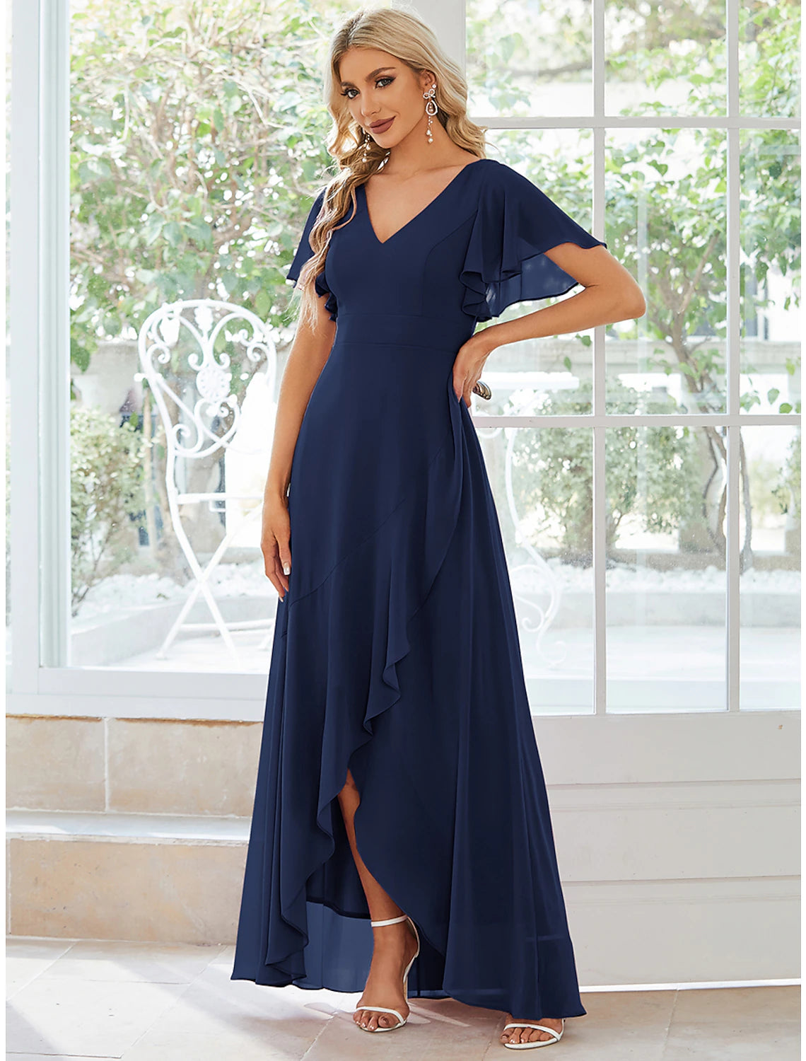 A-Line Wedding Guest Dresses Casual Dress Party Wear Wedding Party Asymmetrical Short Sleeve V Neck Bridesmaid Dress Chiffon with Ruffles Pure Color