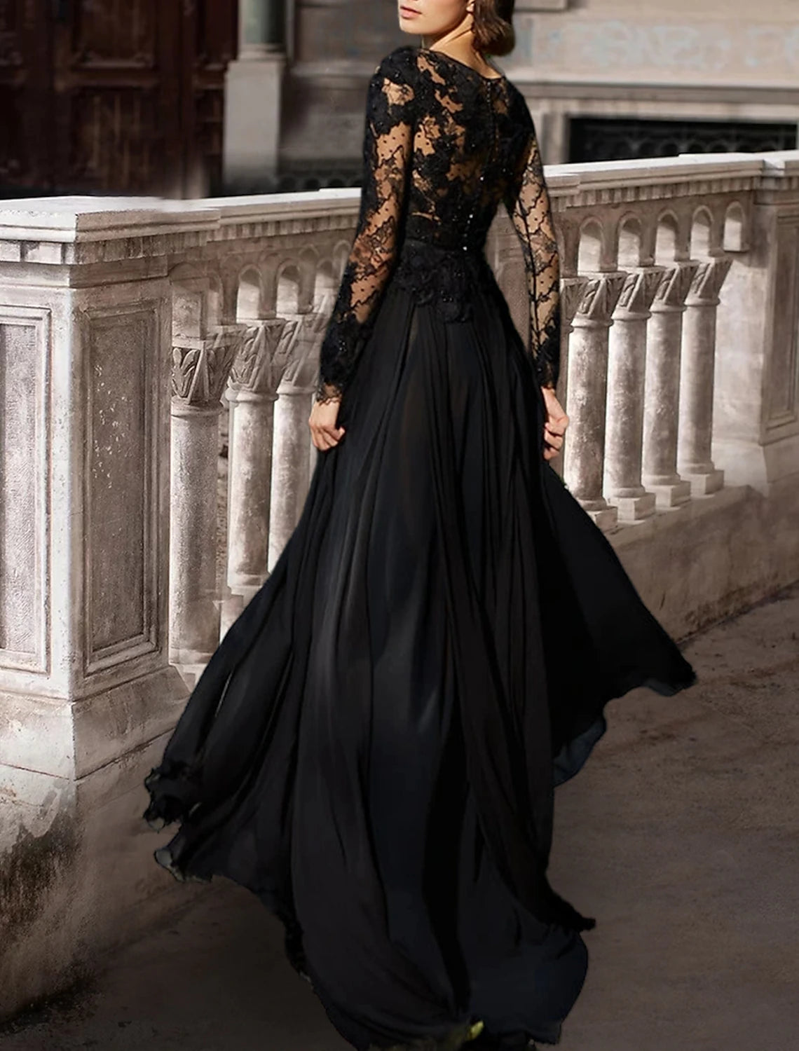 Black Wedding Dresses Formal A-Line Scoop Neck Long Sleeve Sweep / Brush Train Lace Satin Gothi Fall Halloween Hall Bridal Gowns With Pleats Beading