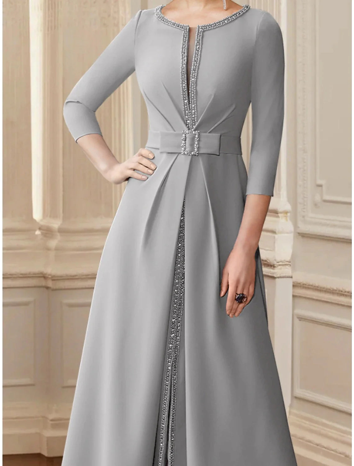 A-Line Mother of the Bride Dress Wedding Guest Elegant Scoop Neck Tea Length Stretch Chiffon 3/4 Length Sleeve with Bow(s) Sequin Ruching