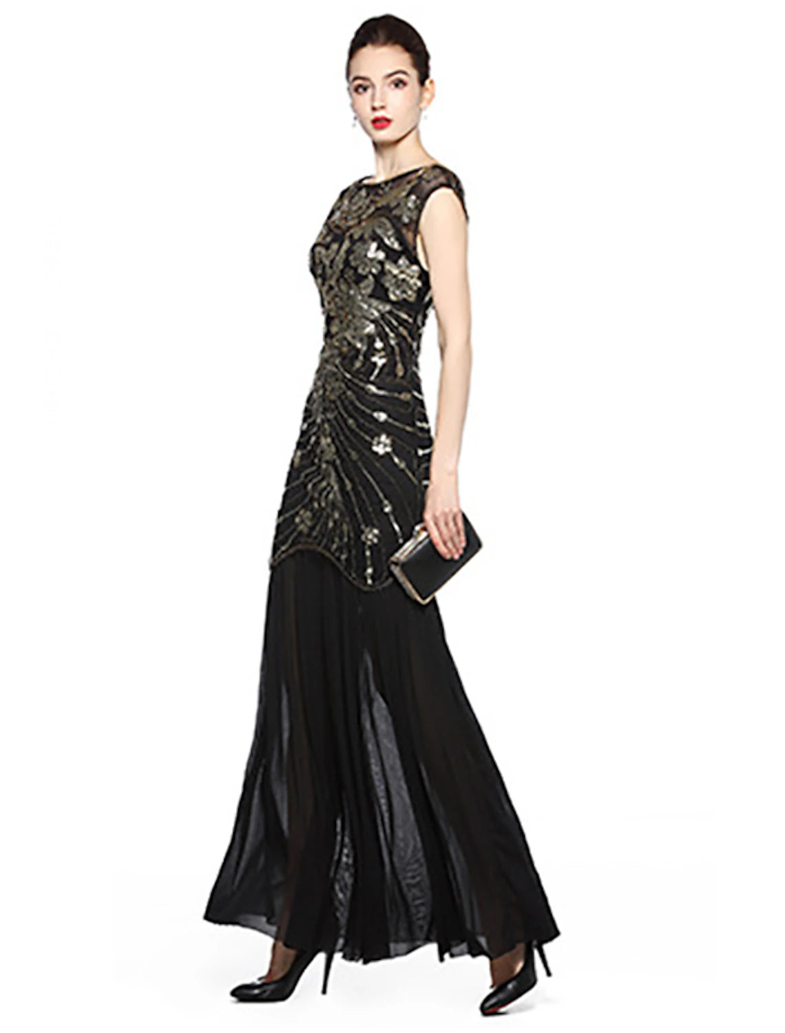 A-Line Evening Gown Vintage Dress Holiday Party Wear Floor Length Sleeveless Jewel Neck Spandex V Back with Sequin Embroidery