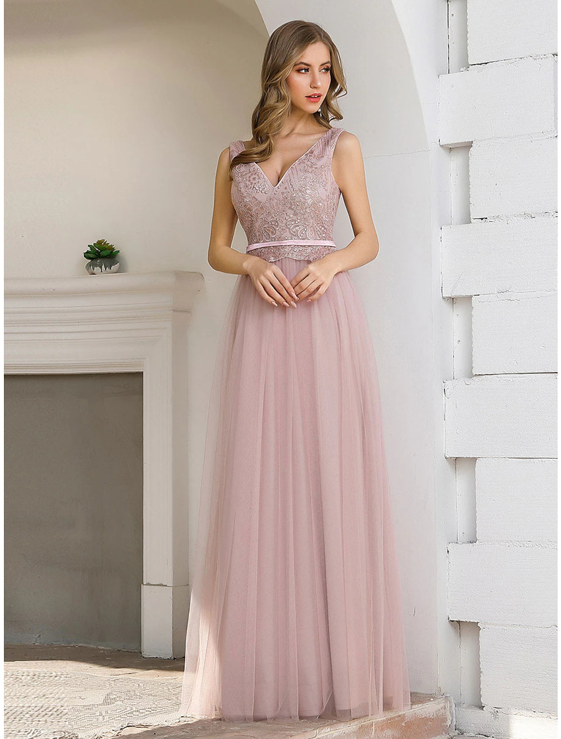 A-Line Evening Gown Elegant Dress Wedding Guest Floor Length Sleeveless V Neck Satin V Back with Sash / Ribbon Sequin