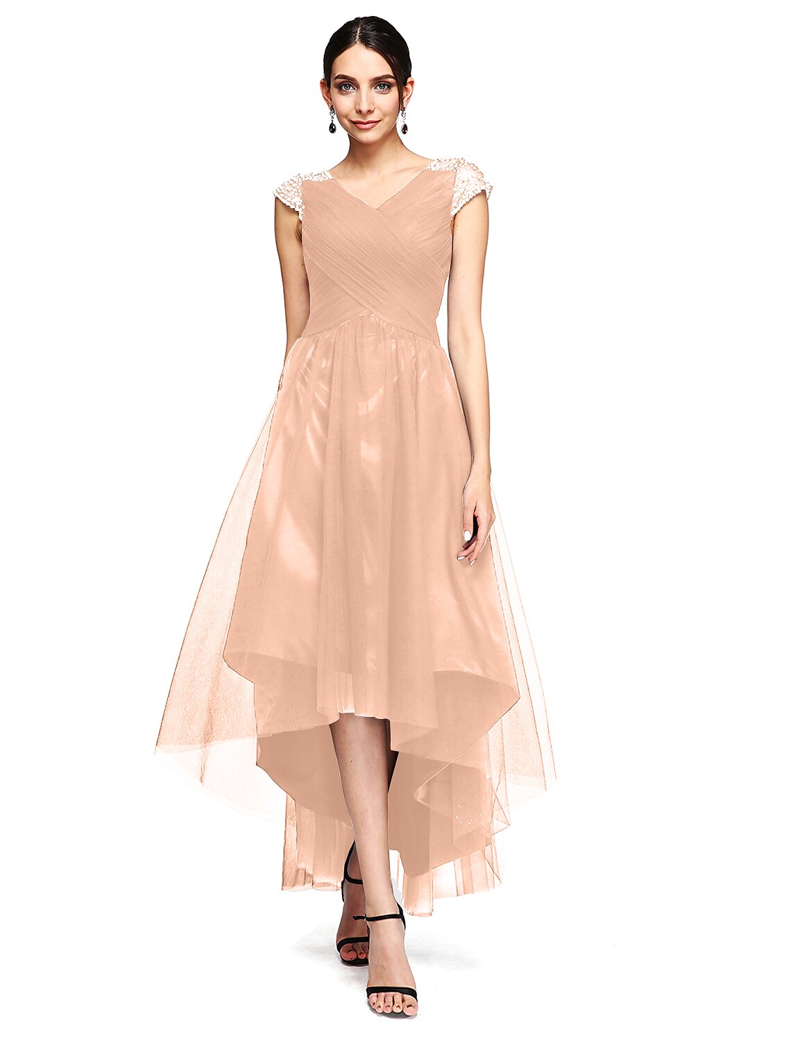 A-Line Special Occasion Dresses Open Back Dress Wedding Guest Prom Asymmetrical Short Sleeve V Neck Tulle with Criss Cross Beading