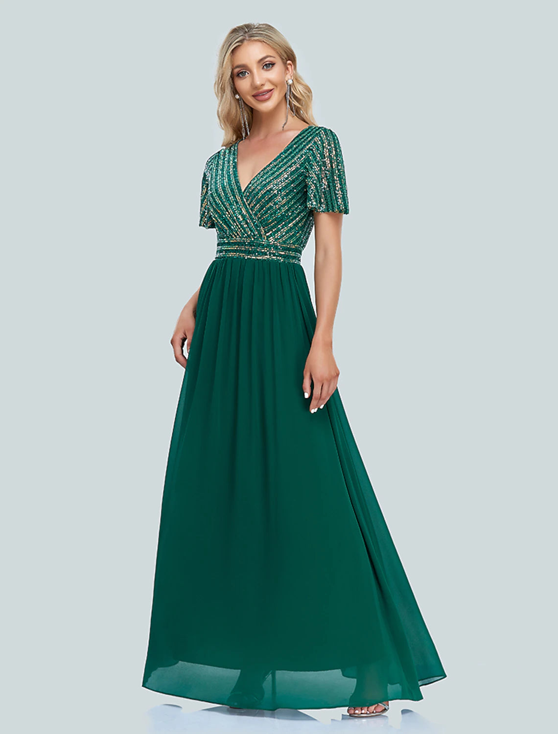 A-Line Mermaid / Trumpet Evening Gown Elegant Dress Christmas Floor Length Short Sleeve V Neck Sequined with Sequin