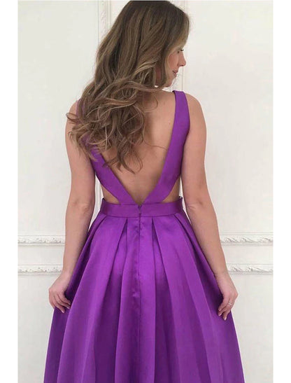 A-Line Prom Dresses Minimalist Dress Formal Prom Floor Length Sleeveless V Neck Pocket Stretch Satin Backless V Back with Pleats Pocket