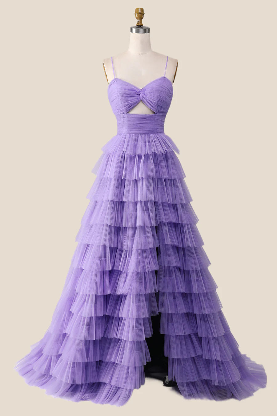 Knotted Purple Tulle Tiered Long Prom Dress