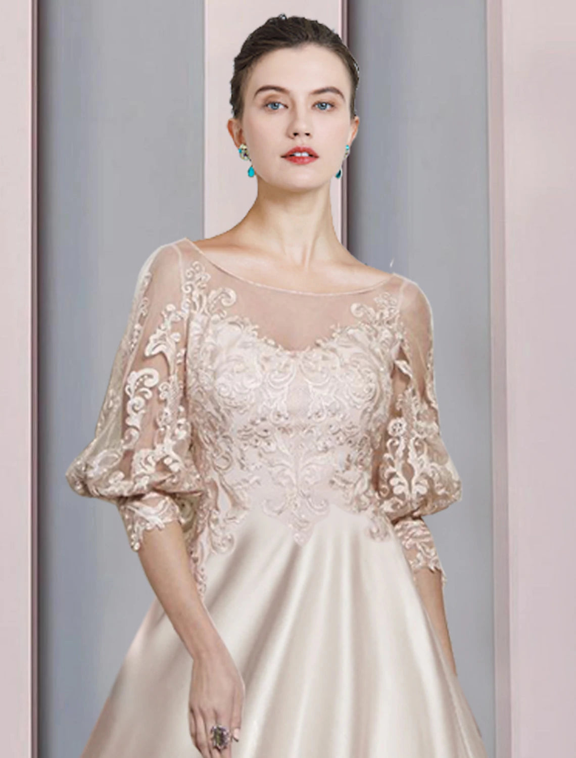 A-Line Mother of the Bride Dress Formal Elegant Scoop Neck Tea Length Satin Lace 3/4 Length Sleeve with Appliques