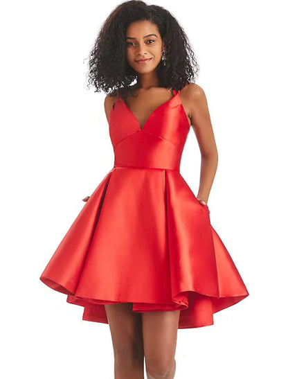 A-Line Homecoming Dresses Backless Dress Holiday Short / Mini Sleeveless V Neck Satin with Pleats