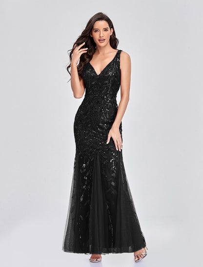 Mermaid / Trumpet Empire Elegant Party Wear Formal Evening Valentine's Day Dress V Neck V Back Sleeveless Floor Length Tulle with Embroidery