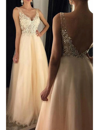 A-Line Prom Dresses Sparkle & Shine Dress Formal Floor Length Sleeveless V Neck Tulle V Back with Beading Appliques