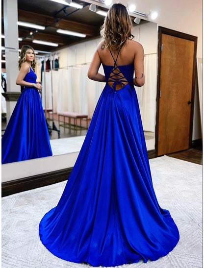 A-Line Prom Dresses Empire Dress Formal Wedding Party Court Train Sleeveless V Neck Satin Backless with Beading Appliques