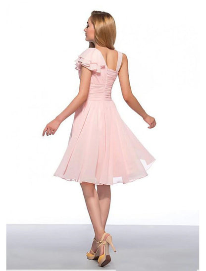 A-Line Empire Elegant Engagement Cocktail Party Dress Jewel Neck Sleeveless Knee Length Chiffon with Ruched