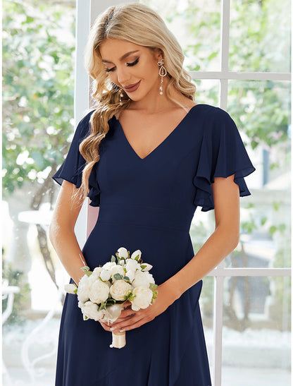 A-Line Wedding Guest Dresses Casual Dress Party Wear Wedding Party Asymmetrical Short Sleeve V Neck Bridesmaid Dress Chiffon with Ruffles Pure Color