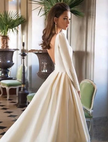 Formal Fall Wedding Dresses Ball Gown Scoop Neck Long Sleeve Court Train Satin Bridal Gowns With Buttons Pleats 2023 Summer Wedding Party,