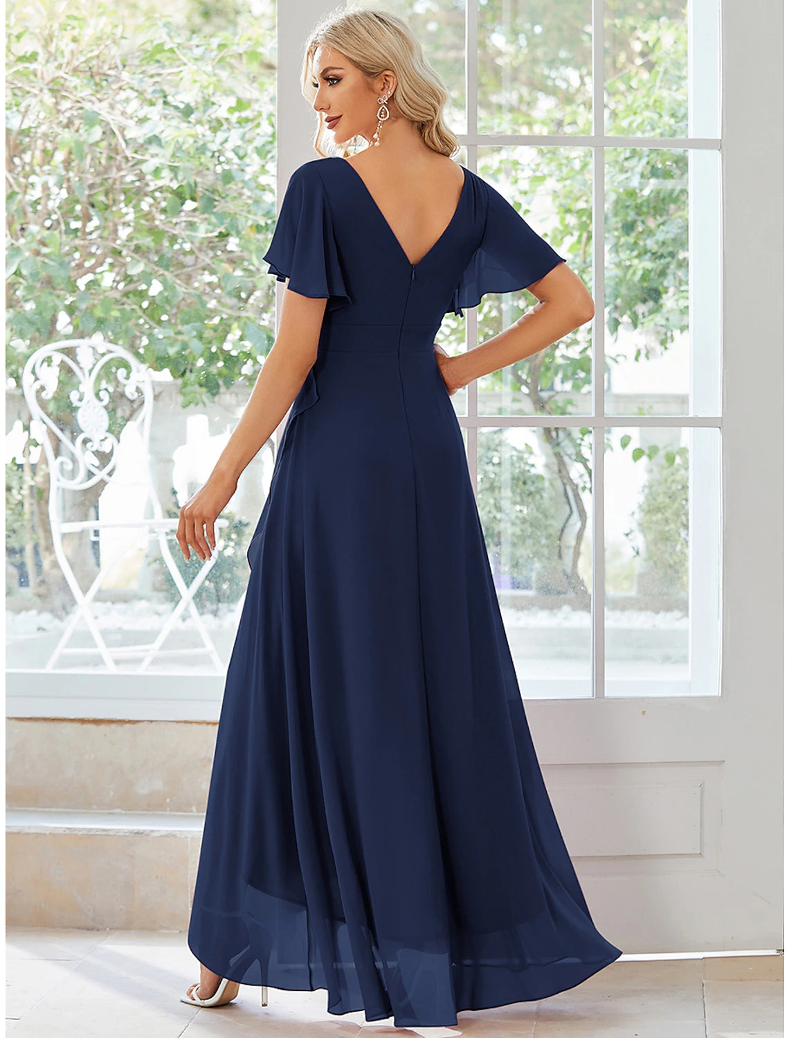 A-Line Wedding Guest Dresses Casual Dress Party Wear Wedding Party Asymmetrical Short Sleeve V Neck Bridesmaid Dress Chiffon with Ruffles Pure Color