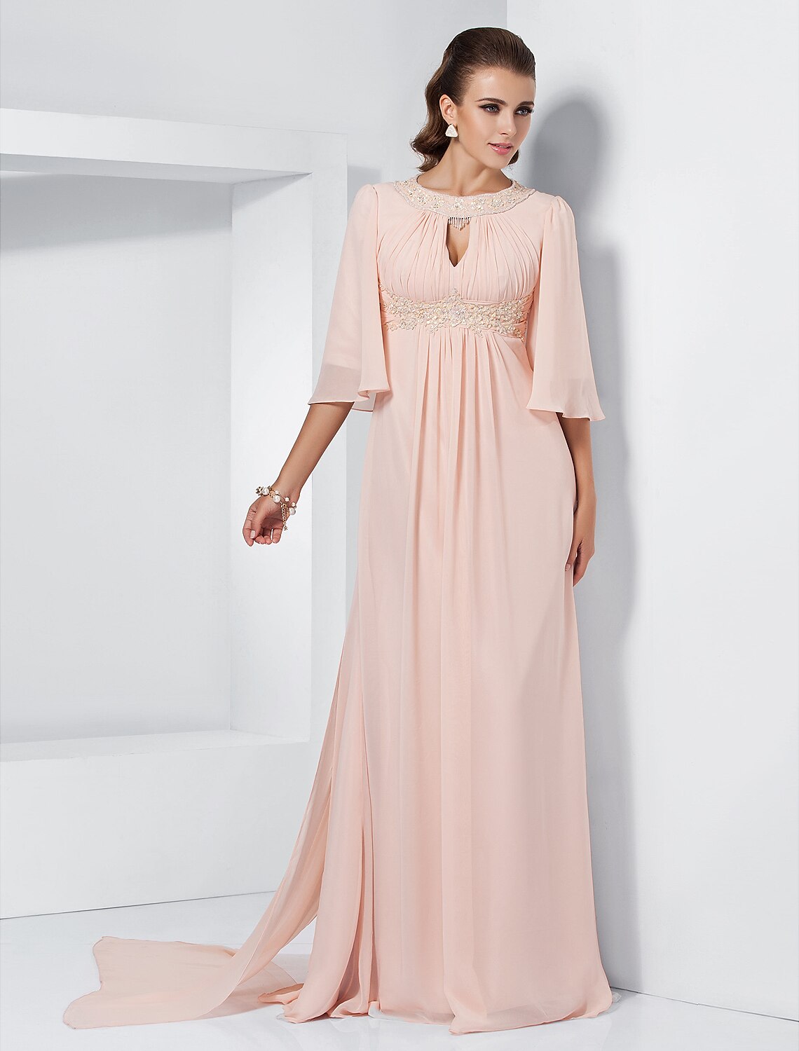 A-Line Special Occasion Dresses Elegant Dress Wedding Guest Formal Evening Sweep / Brush Train Half Sleeve Jewel Neck Chiffon with Beading Draping