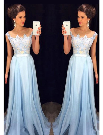 A-Line Prom Dresses Color Block Dress Formal Floor Length Sleeveless Jewel Neck Chiffon with Beading Appliques