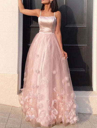 A-Line Prom Dresses Floral Dress Performance Floor Length Sleeveless Spaghetti Strap Tulle with Pleats Appliques