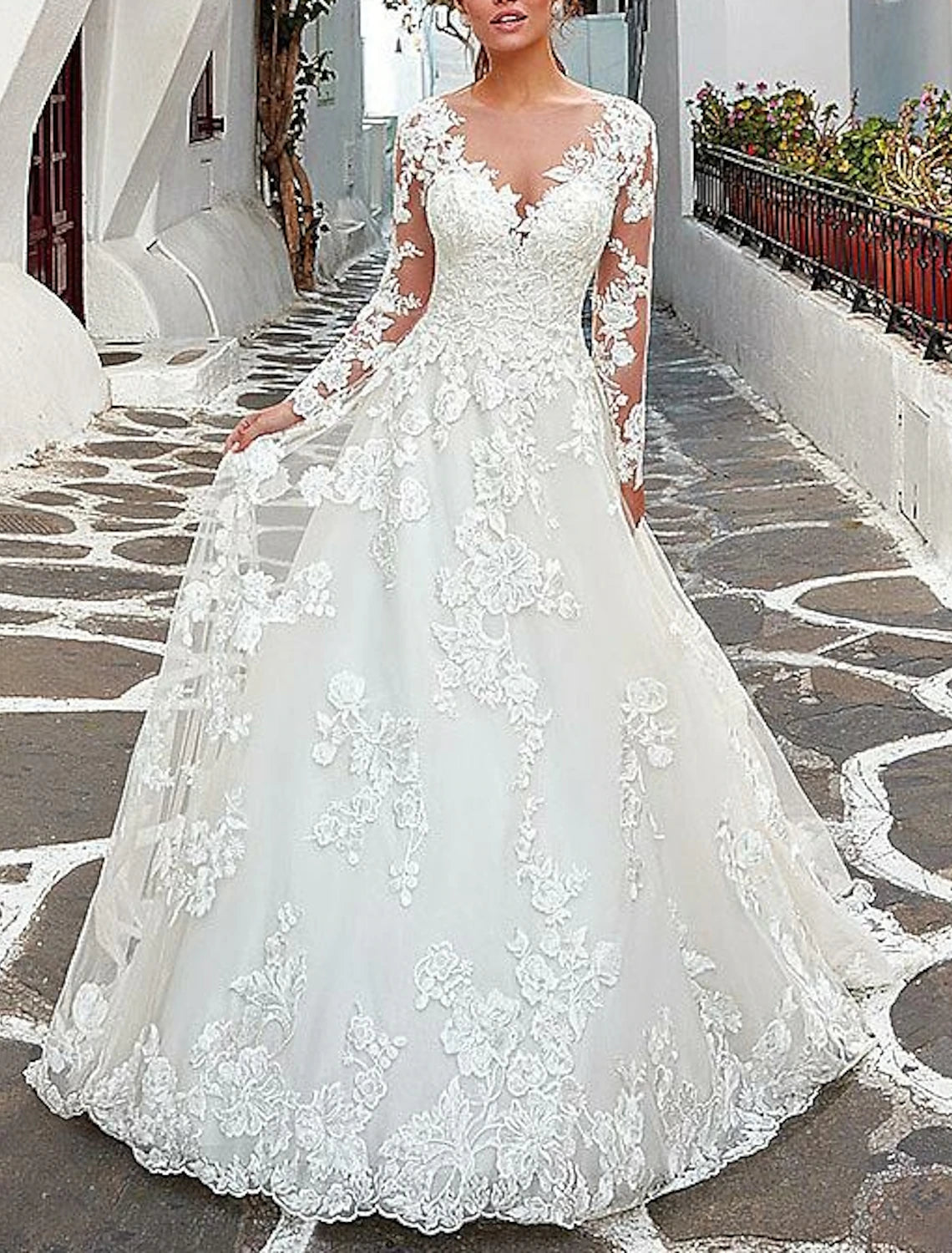 Engagement Formal Wedding Dresses A-Line V Neck Long Sleeve Court Train Lace Bridal Gowns With Buttons Appliques