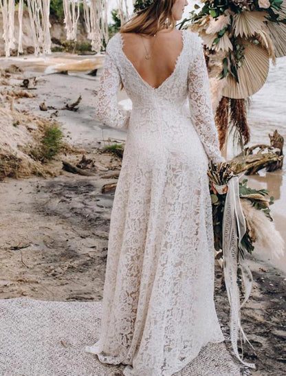 Beach Wedding Dresses A-Line V Neck Long Sleeve Floor Length Lace Bridal Gowns With Embroidery