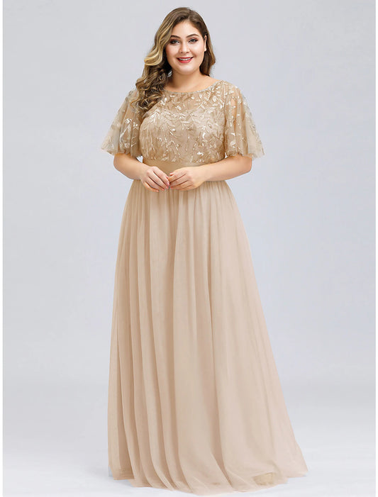 A-Line Prom Dresses Plus Size Dress Wedding Guest Floor Length Short Sleeve Jewel Neck Chiffon with Appliques