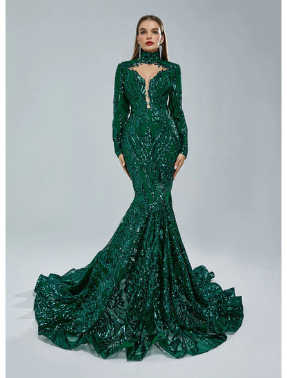 Mermaid / Trumpet Evening Gown Sparkle & Shine Dress Carnival Engagement Court Train Long Sleeve Stand Collar Lace with Sequin