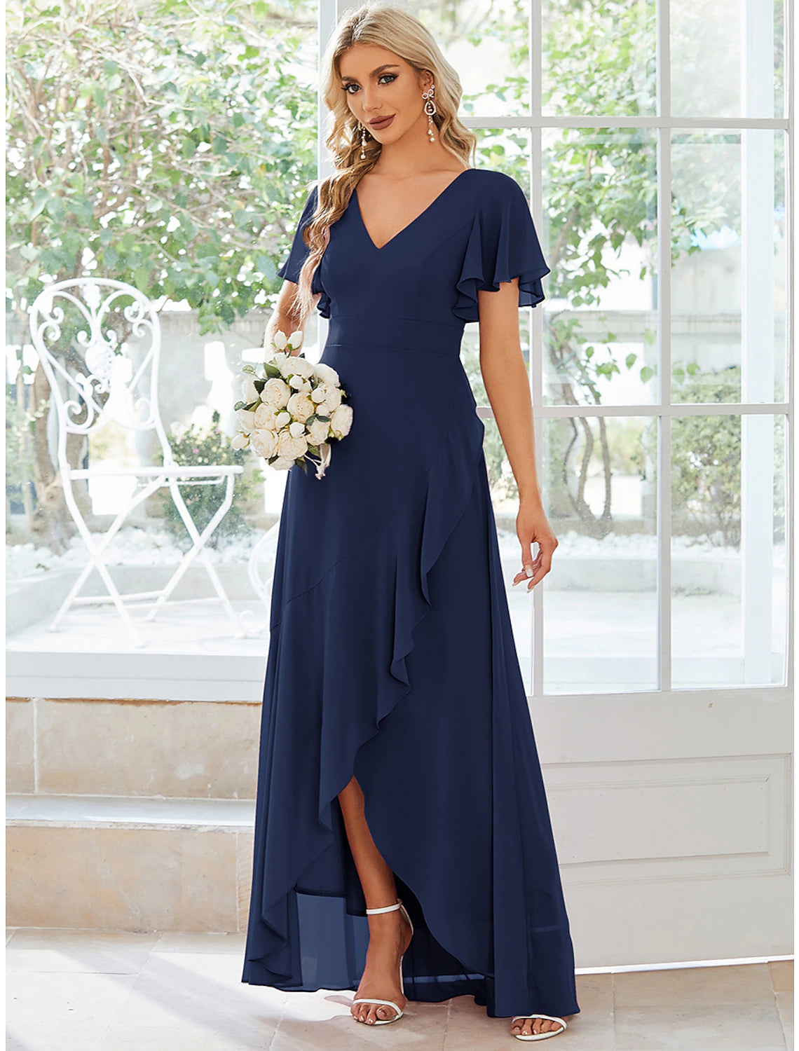 A-Line Wedding Guest Dresses Casual Dress Party Wear Wedding Party Asymmetrical Short Sleeve V Neck Bridesmaid Dress Chiffon with Ruffles Pure Color