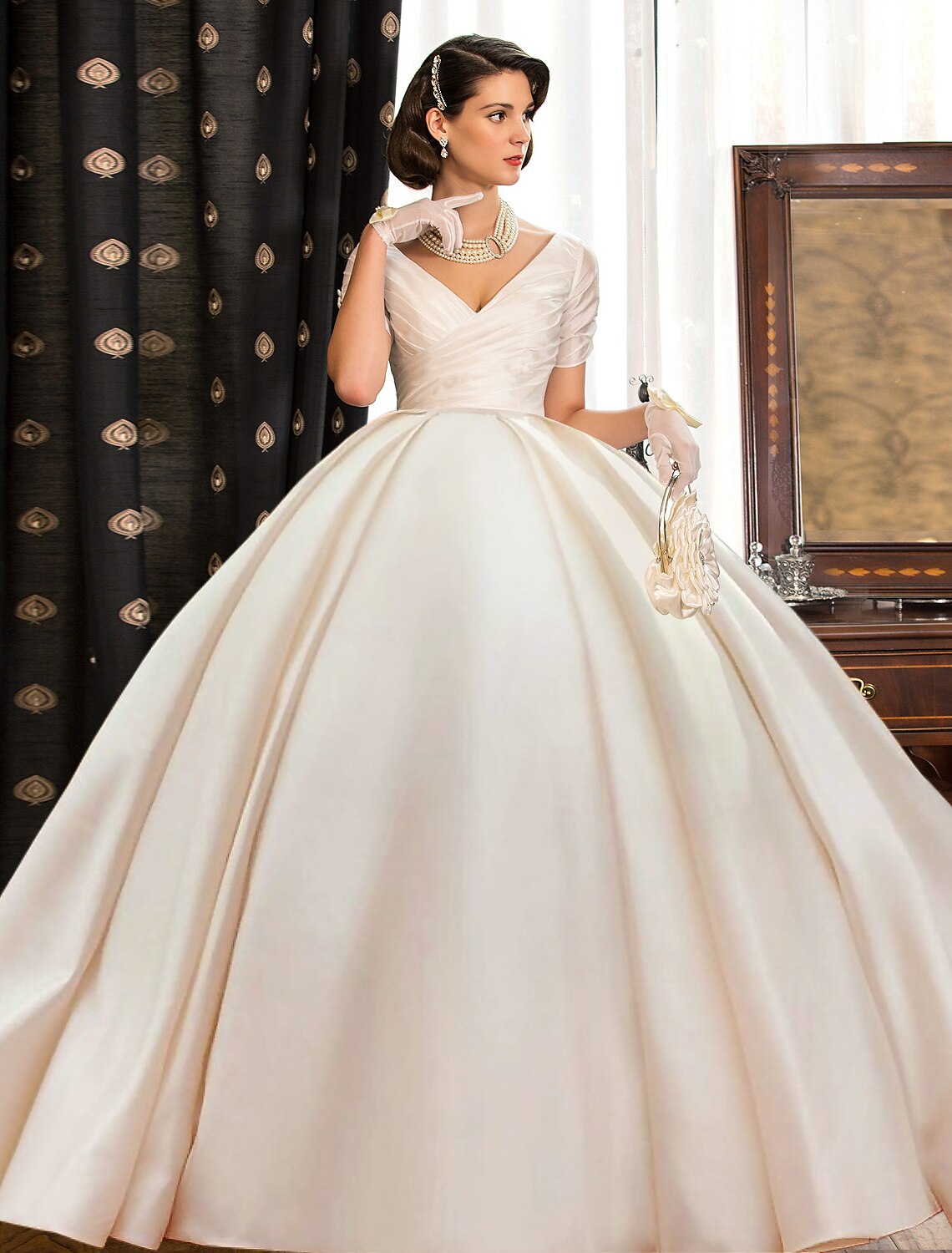 Engagement Formal Fall Wedding Dresses Ball Gown V Neck Short Sleeve Court Train Satin Bridal Gowns With Ruched Solid Color 2023 Summer Wedding Party