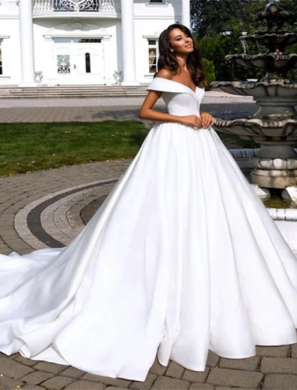 Formal Wedding Dresses Ball Gown Off Shoulder Cap Sleeve Chapel Train Satin Bridal Gowns With Pleats Summer Wedding Party