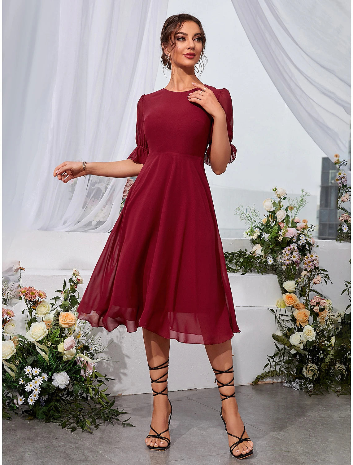 A-Line Wedding Guest Dresses Elegant Dress Holiday Tea Length Half Sleeve Jewel Neck Chiffon with Fringe