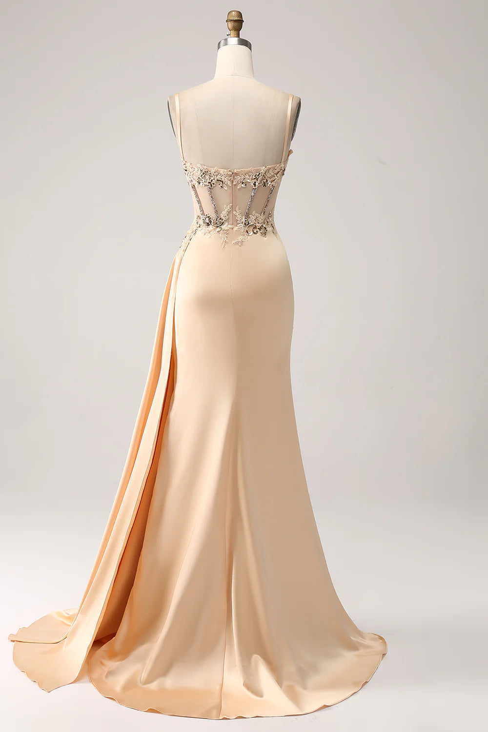 Elegant Champagne Mermaid Pleated Satin Prom Dress With Appliques