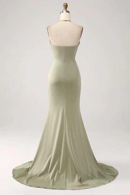 Sheath Pistachio V-Neck Beaded Long Prom Dress With Slit