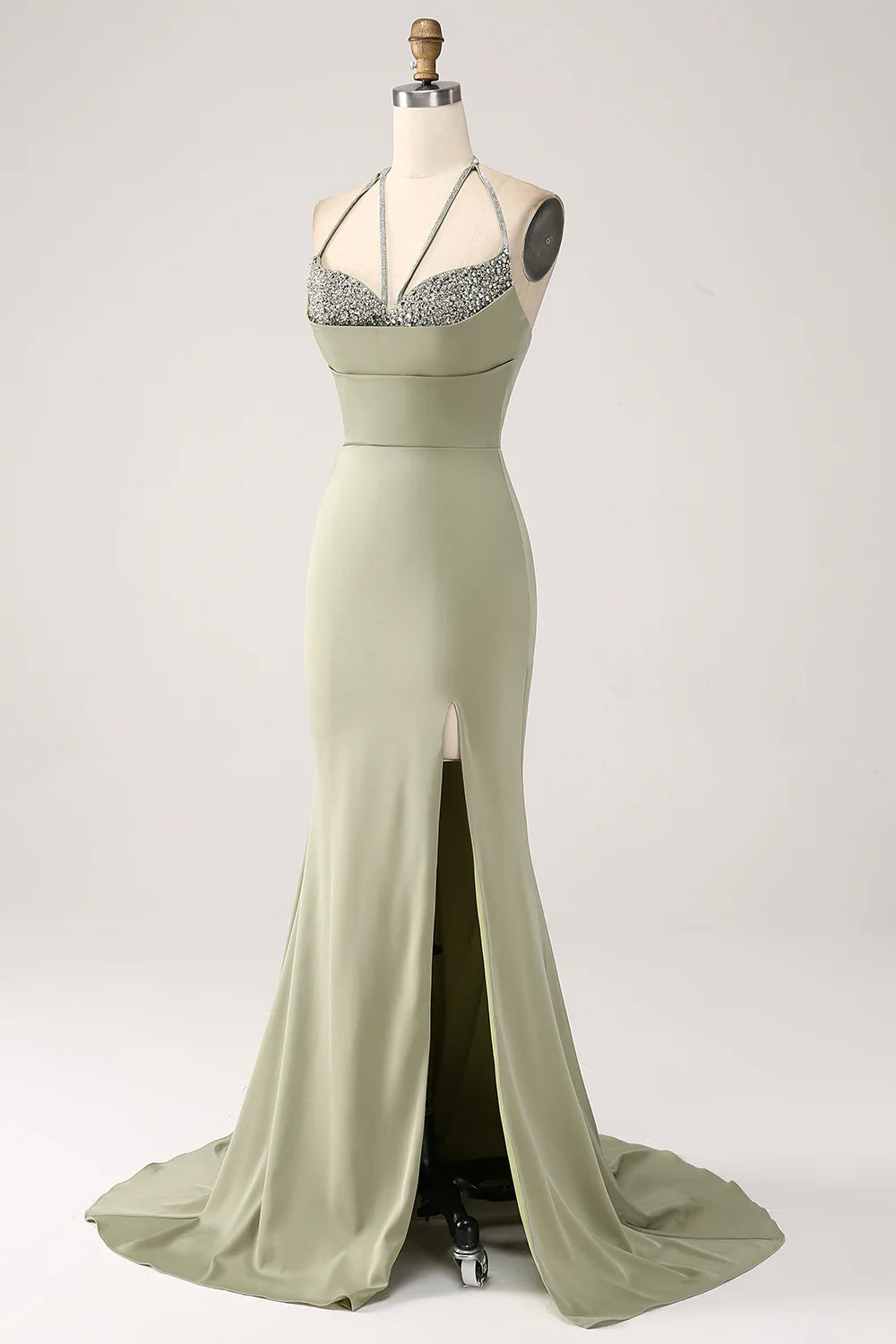 Sheath Pistachio V-Neck Beaded Long Prom Dress With Slit