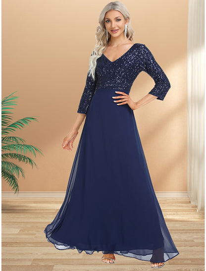 A-Line Evening Gown Plus Size Dress Wedding Guest Floor Length 3/4 Length Sleeve V Neck Chiffon V Back with Sequin