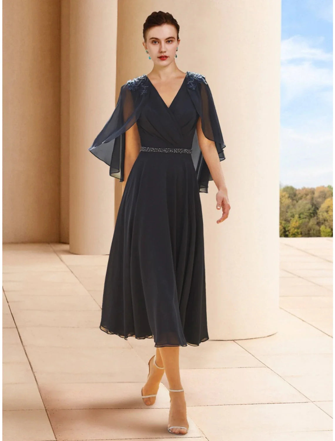 A-Line Mother of the Bride Dress Wedding Guest Elegant Petite V Neck Tea Length Chiffon Half Sleeve with Sequin Ruching