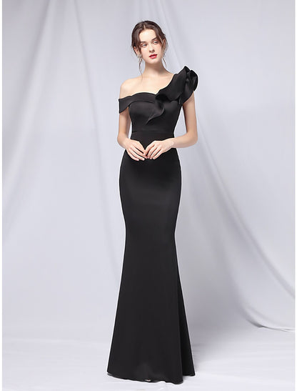 Mermaid / Trumpet Evening Gown Empire Dress Wedding Guest Floor Length Short Sleeve One Shoulder Stretch Satin with Ruffles