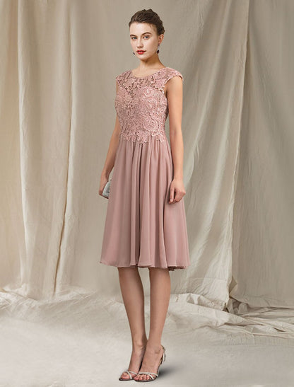 A-Line Mother of the Bride Dress Elegant Jewel Neck Knee Length Chiffon Lace Sleeveless with Pleats Appliques