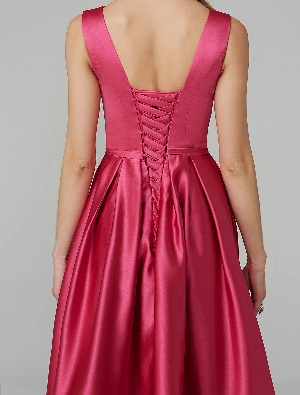 A-Line Party Dress Wedding Guest Knee Length Sleeveless V Wire Pink Dress Satin with Sash / Ribbon