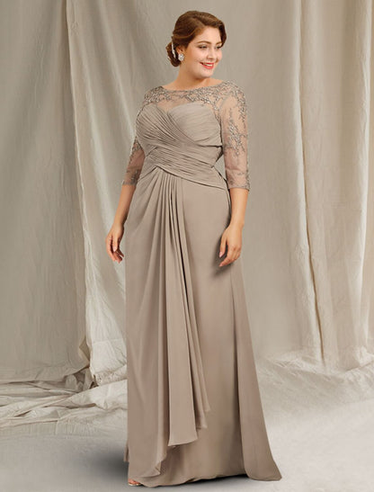 A-Line Mother of the Bride Dress Plus Size Elegant Jewel Neck Floor Length Chiffon Lace 3/4 Length Sleeve with Ruched Applique