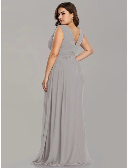 A-Line Plus Size Wedding Guest Formal Evening Dress V Neck V Back Sleeveless Floor Length Chiffon with Pleats