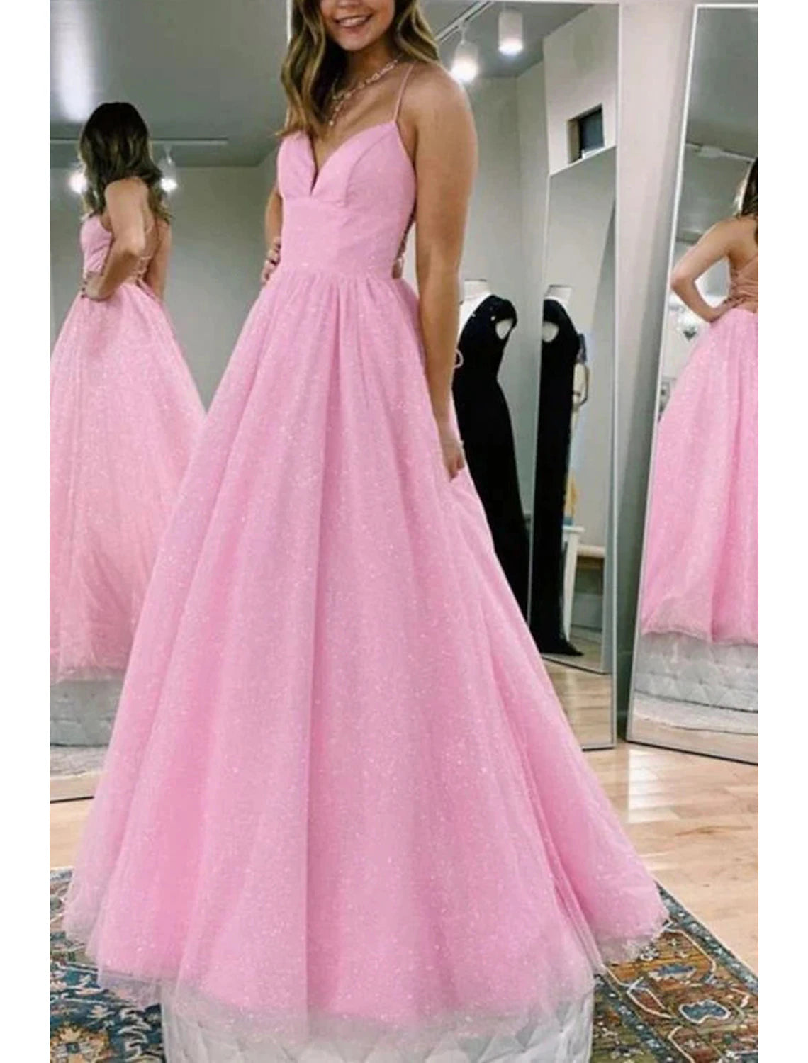 Ball Gown A-Line Prom Dresses Glittering Dress Formal Floor Length Sleeveless V Neck Tulle Backless with Pleats