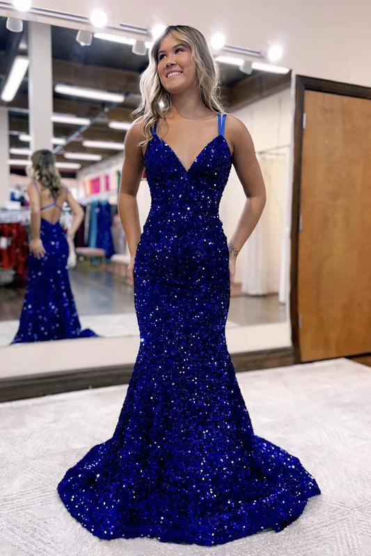 Mermaid / Trumpet Sheath / Column Prom Dresses Sexy Dress Party Wear Sweep / Brush Train Sleeveless V Neck Sequined Backless