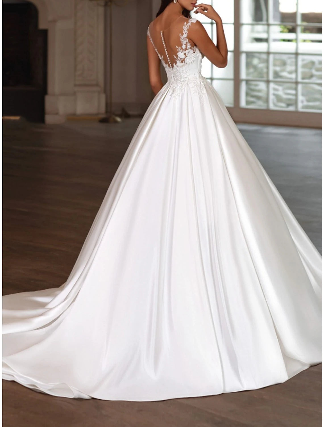 Reception Formal Wedding Dresses A-Line Camisole Sleeveless Court Train Chiffon Bridal Suits Bridal Gowns With Appliques main image 1